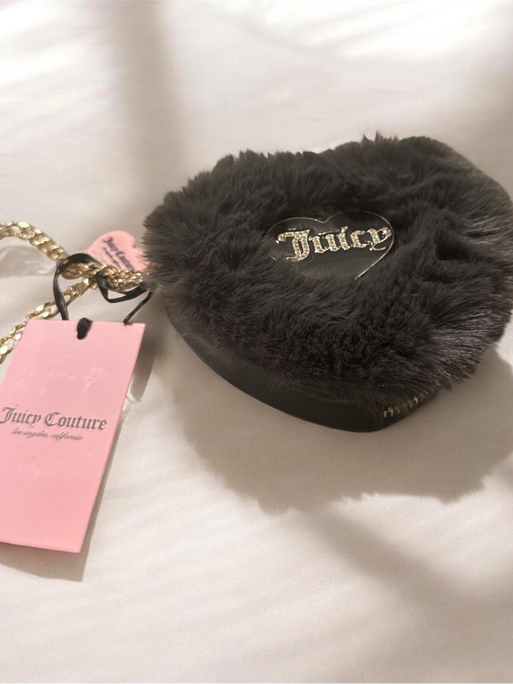Juicy Couture Black Faux Fur Heart Mini wristlet with Gold Chain